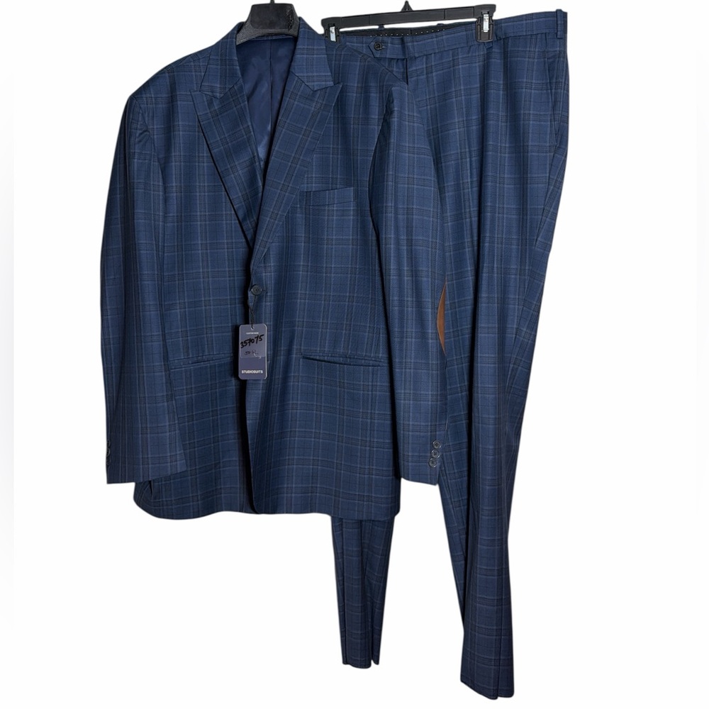 NWT StudioSuits 2 Pc Blazer 50R Pants 40R Navy Black‎ Glen Plaid Elbow Patch